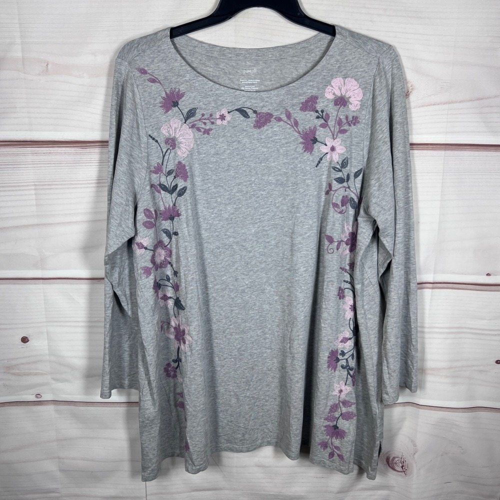 Pure Jill J. Jill Tunic Top Womens 2X Gray Embroidered Cotton Modal Floral Knit